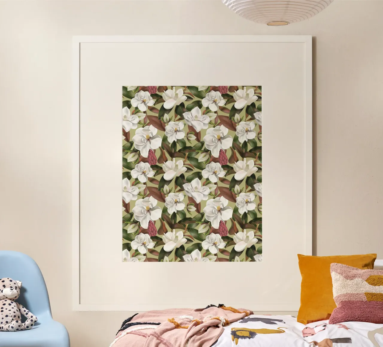 Magnolias Floral Pattern - Olive poster with plastic frame by anisillustration
