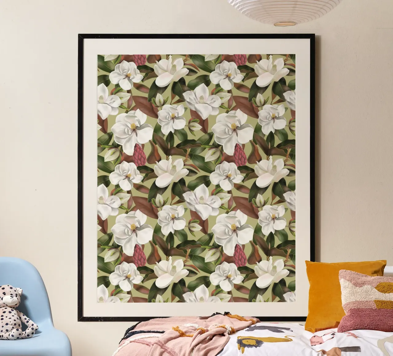 Magnolias Floral Pattern - Olive poster with plastic frame by anisillustration