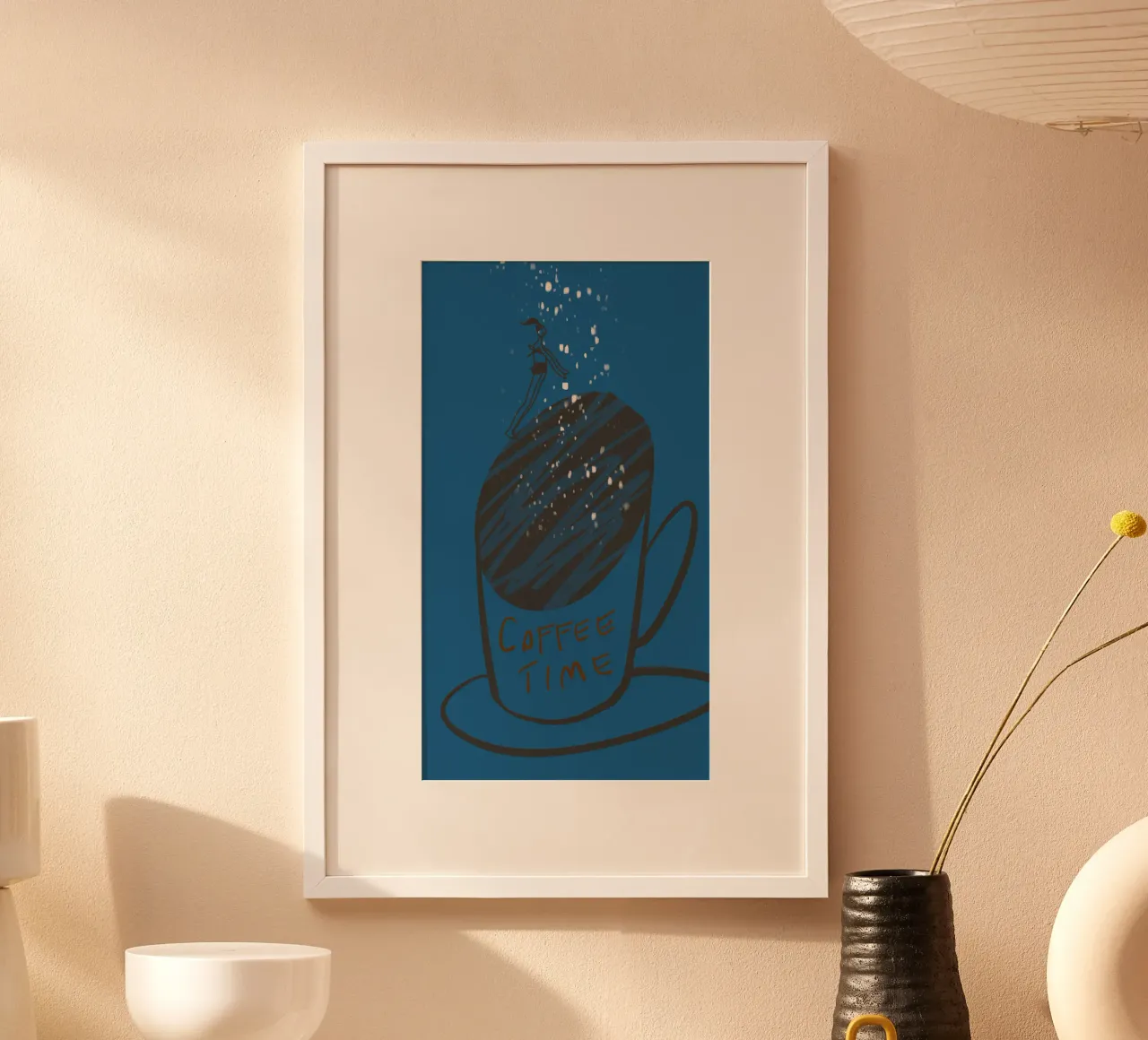 COFFEE TIME - Girl jumps in her mug poster with wooden frame by Gabi_Schöffel_Illustration