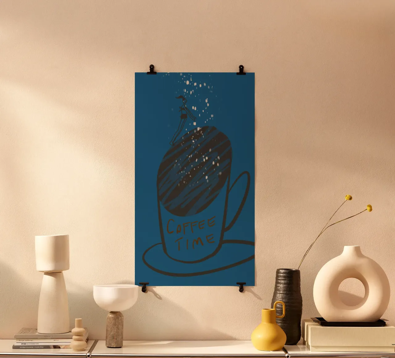 COFFEE TIME - Girl jumps in her mug poster with wooden frame by Gabi_Schöffel_Illustration
