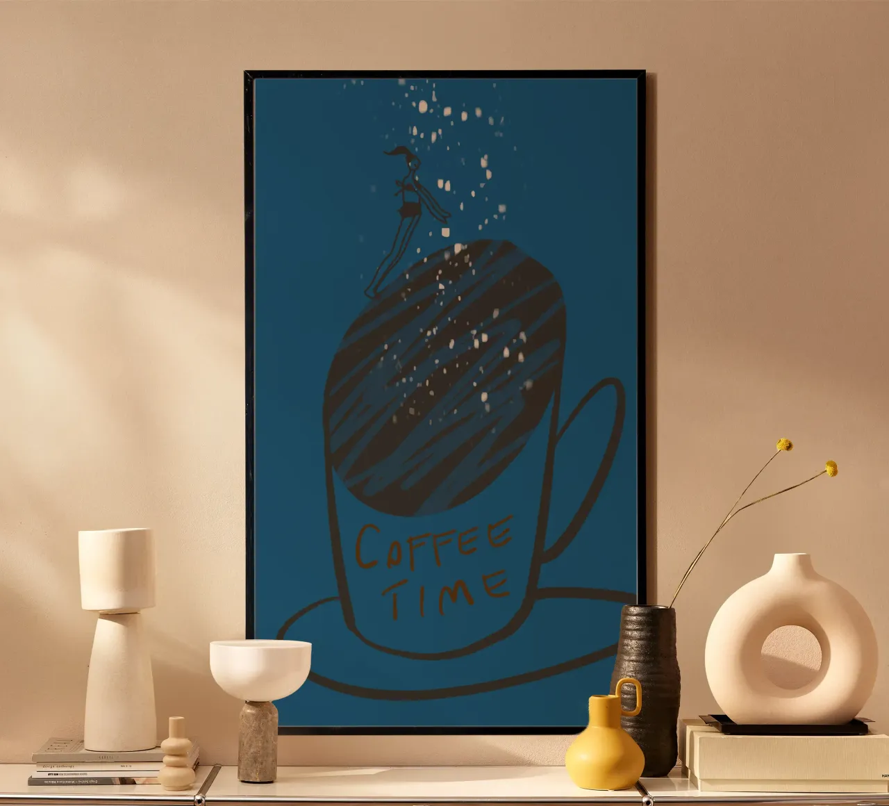 COFFEE TIME - Girl jumps in her mug poster with wooden frame by Gabi_Schöffel_Illustration