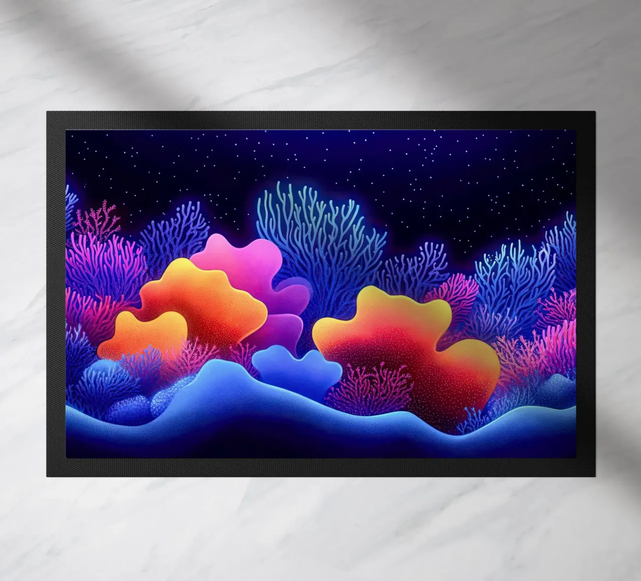 Cosmic Corals: Nocturnal Symphony of the Abyss doormat by The Sea