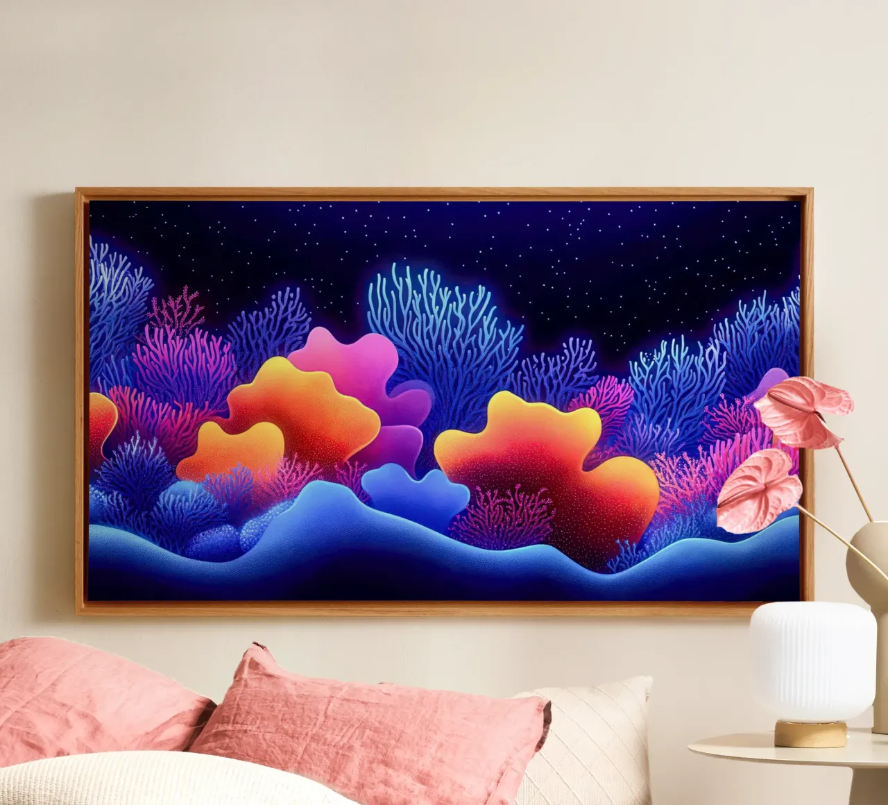 Cosmic Corals: Nocturnal Symphony of the Abyss canvas with Floater frame by The Sea
