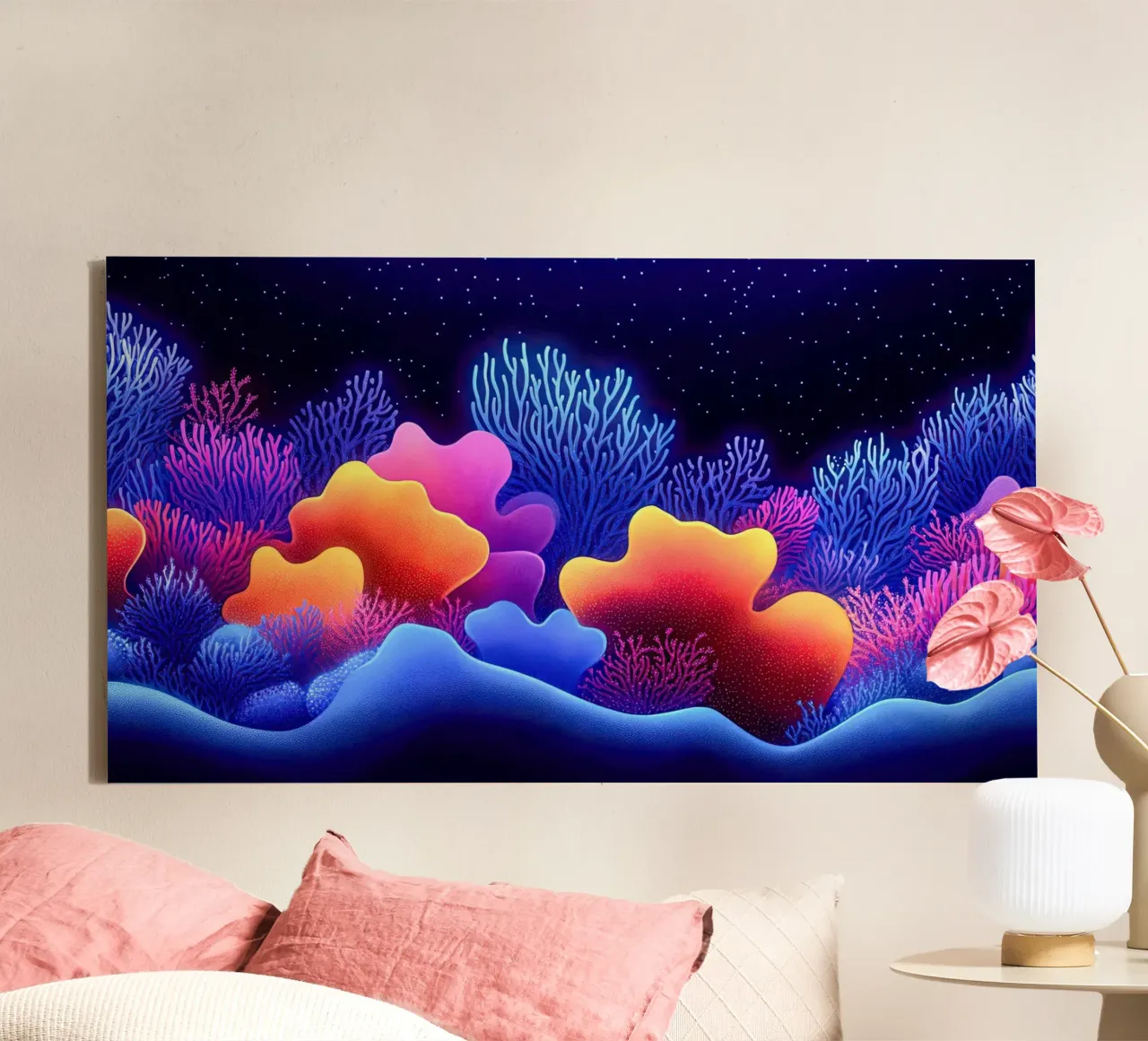 Cosmic Corals: Nocturnal Symphony of the Abyss canvas with Floater frame by The Sea