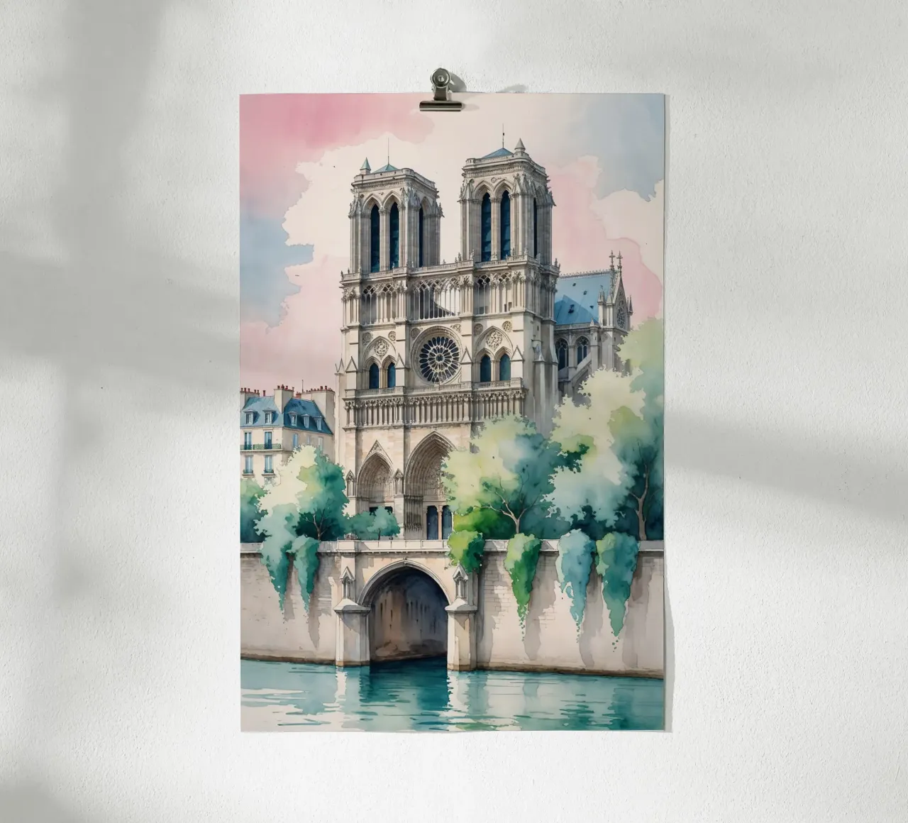 Notre Dame: A Watercolor Elegance poster con telaio in legno da AlbertKlee