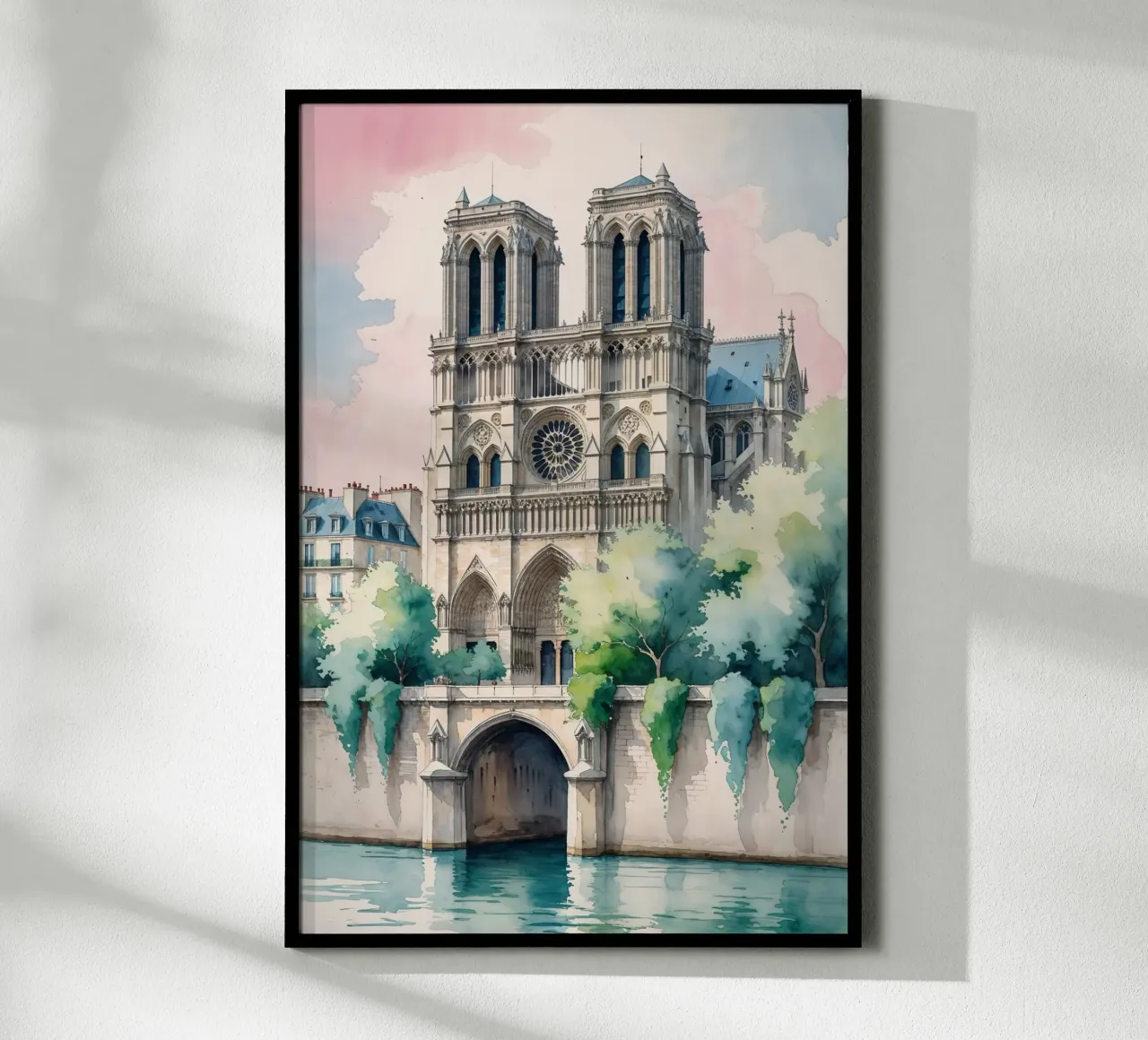 Notre Dame: A Watercolor Elegance poster con telaio in legno da AlbertKlee