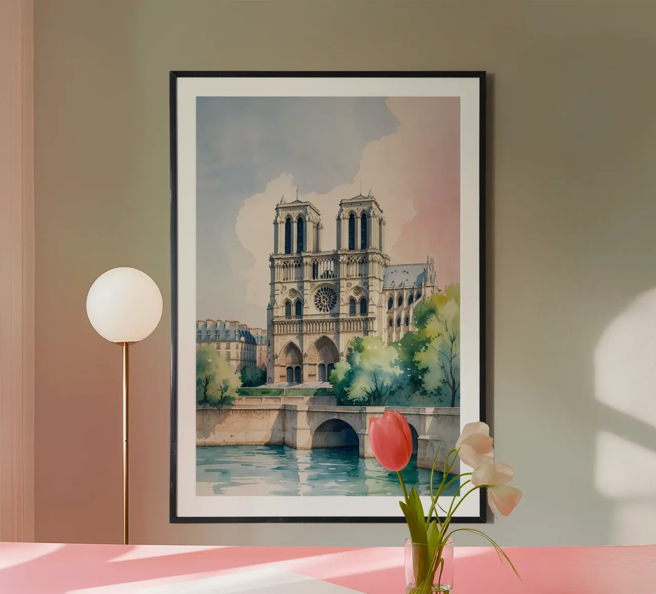 Gothic Grace: Notre Dame in Pastels poster con telaio in legno da AlbertKlee