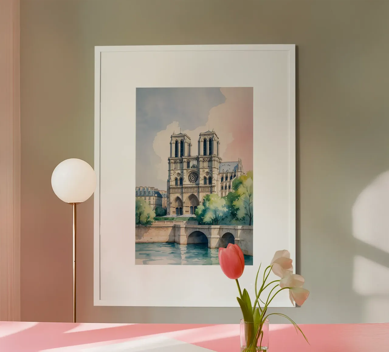 Gothic Grace: Notre Dame in Pastels poster con telaio in legno da AlbertKlee