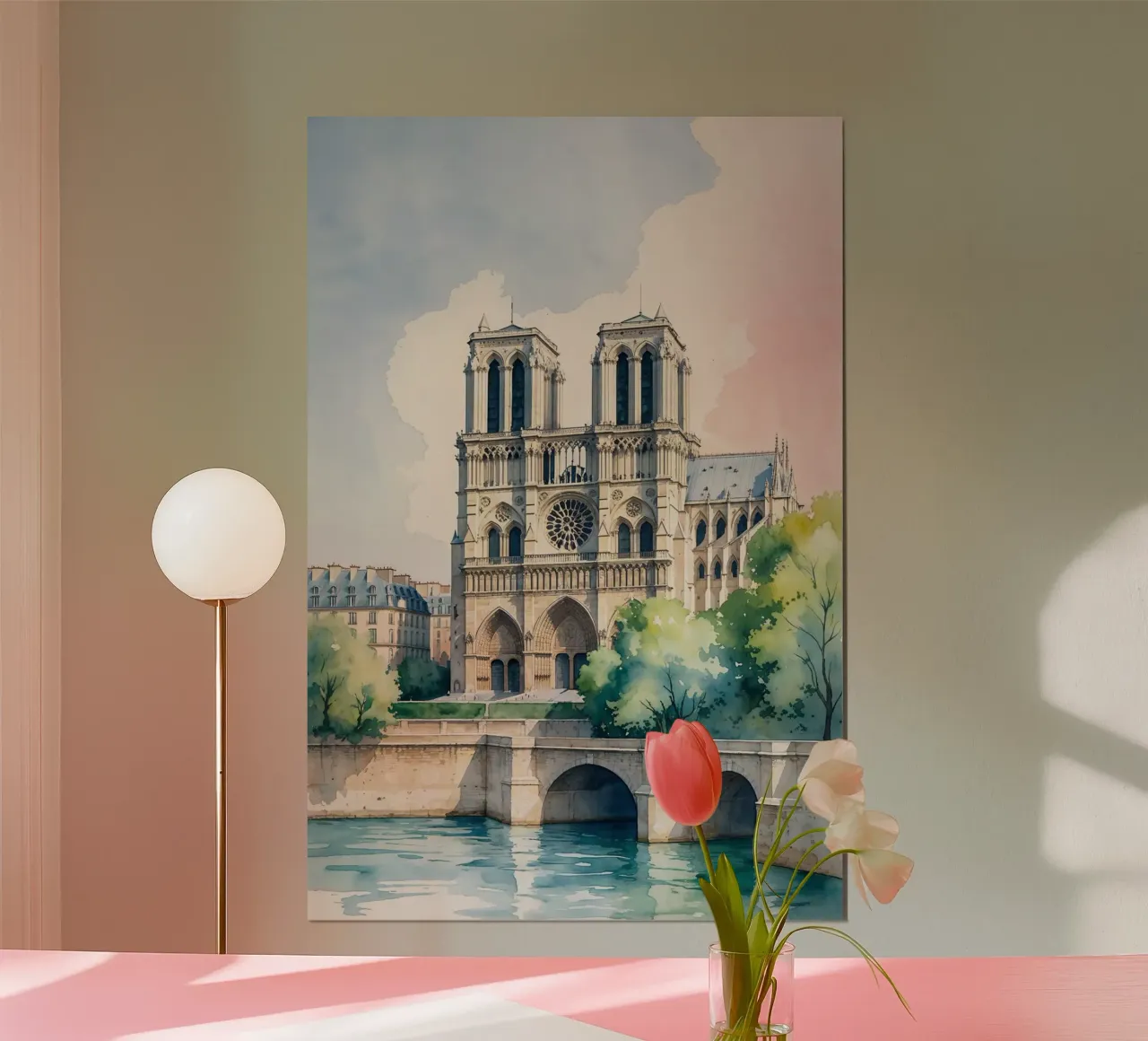 Gothic Grace: Notre Dame in Pastels poster con telaio in legno da AlbertKlee