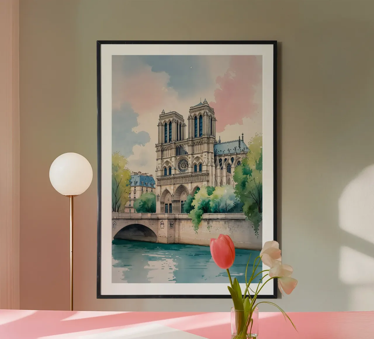 Notre Dame Reflected in Watercolors poster con telaio in legno da AlbertKlee