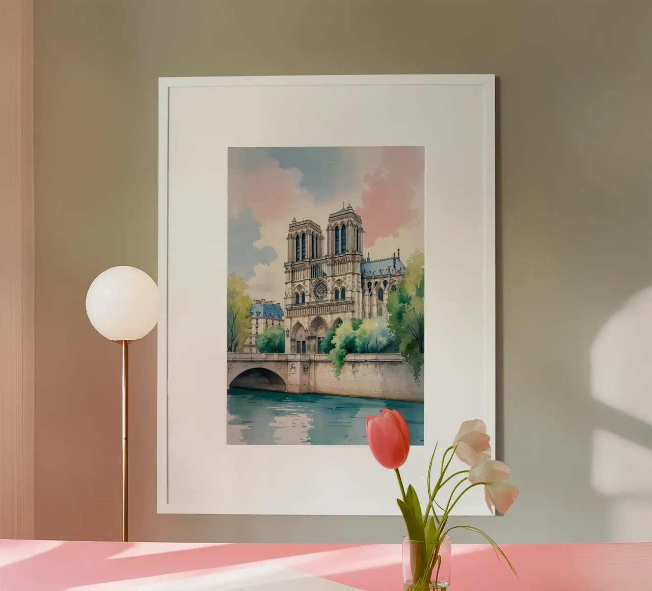 Notre Dame Reflected in Watercolors poster con telaio in legno da AlbertKlee