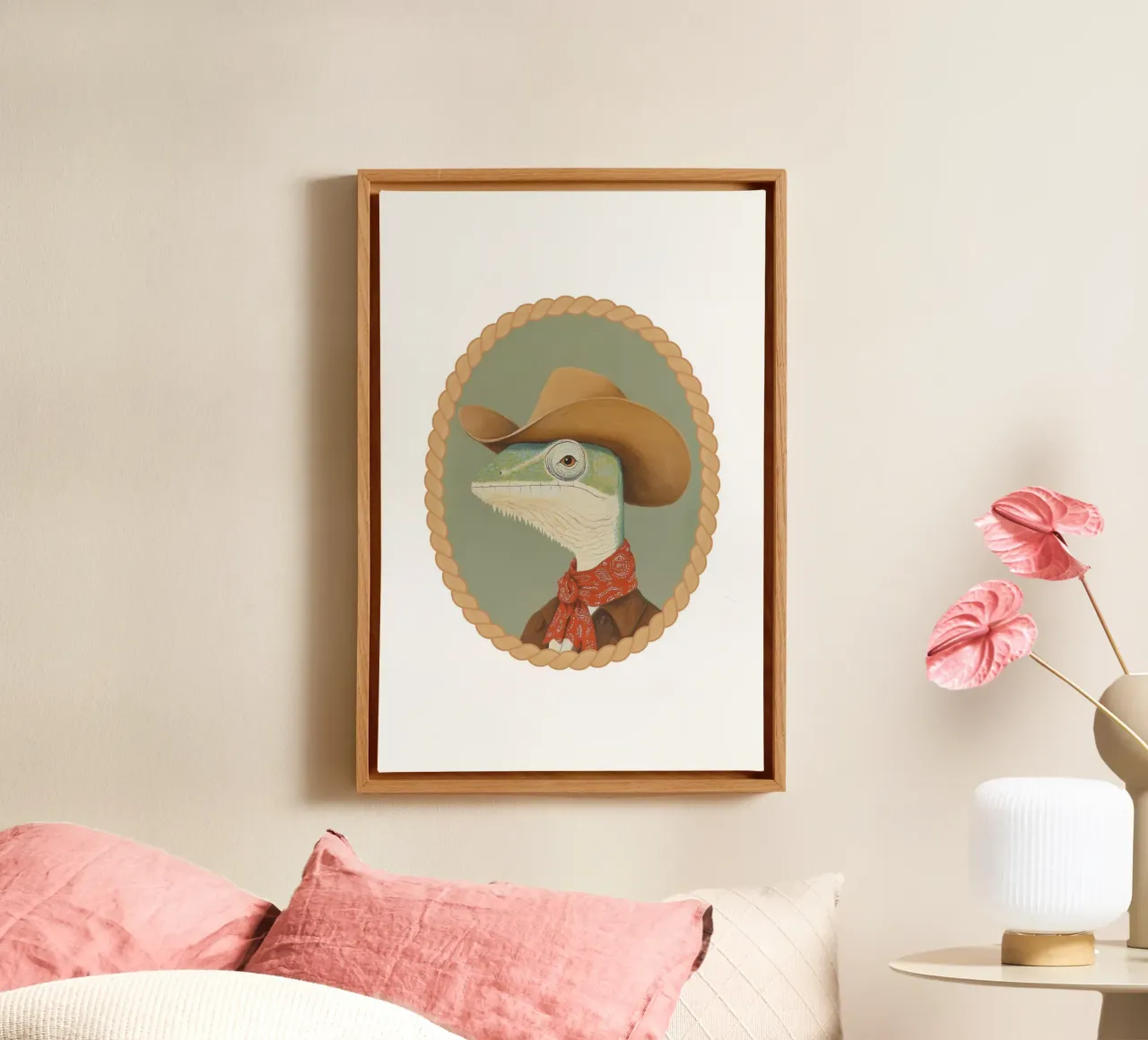Cowboy Lizard Portrait canvas with Floater frame by Jungle Joy Art
