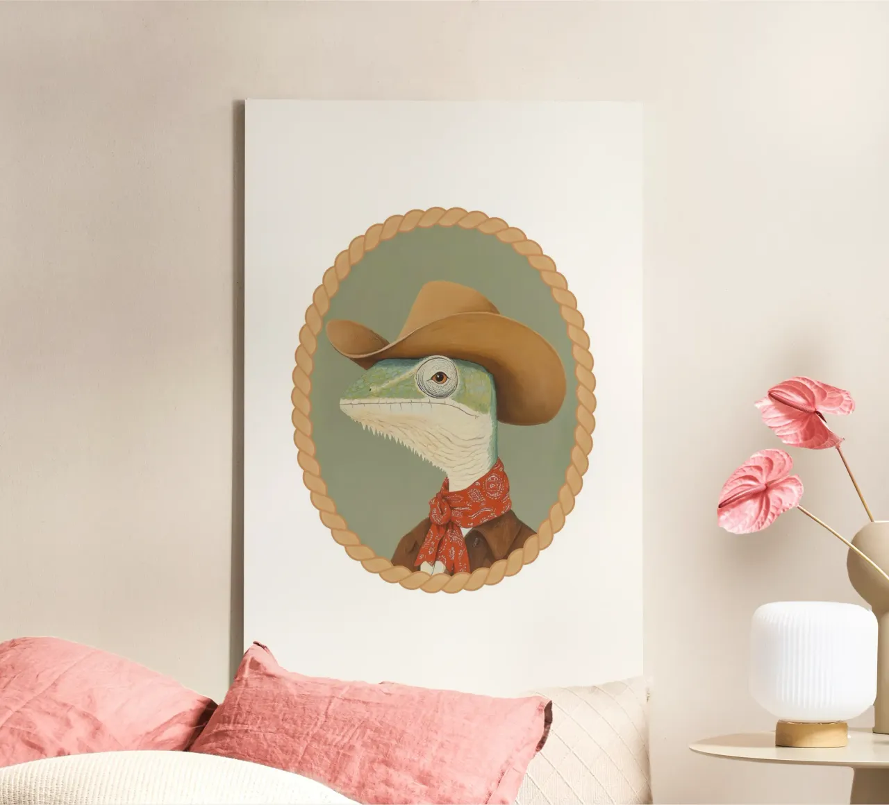 Cowboy Lizard Portrait canvas with Floater frame by Jungle Joy Art