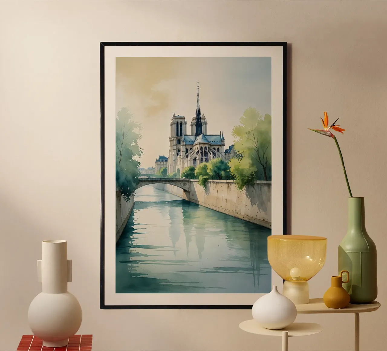 Paris’s Seine in Morning Hues poster con telaio in legno da AlbertKlee