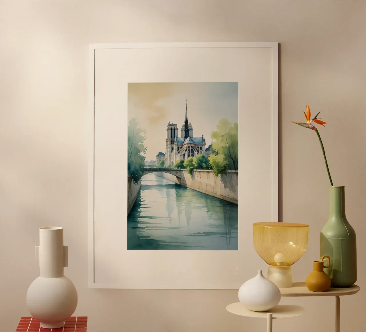 Paris’s Seine in Morning Hues poster con telaio in legno da AlbertKlee