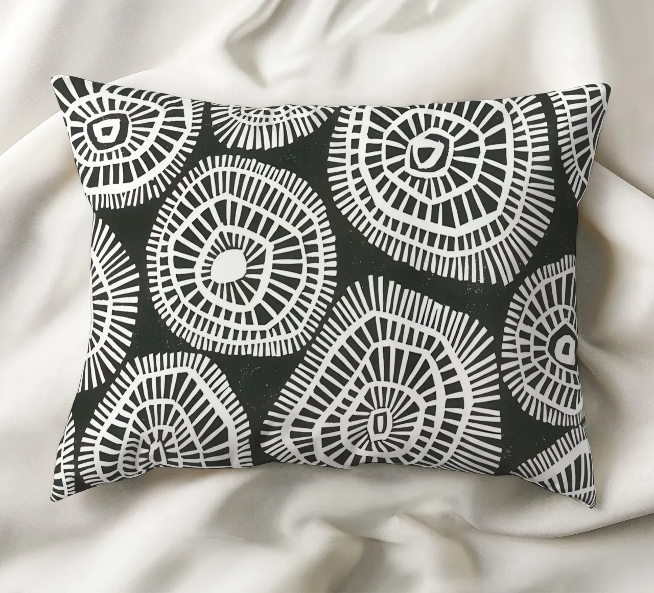 Radiant Rhythms: Abstract circular art decorative cushion by Kunst und Kontrast