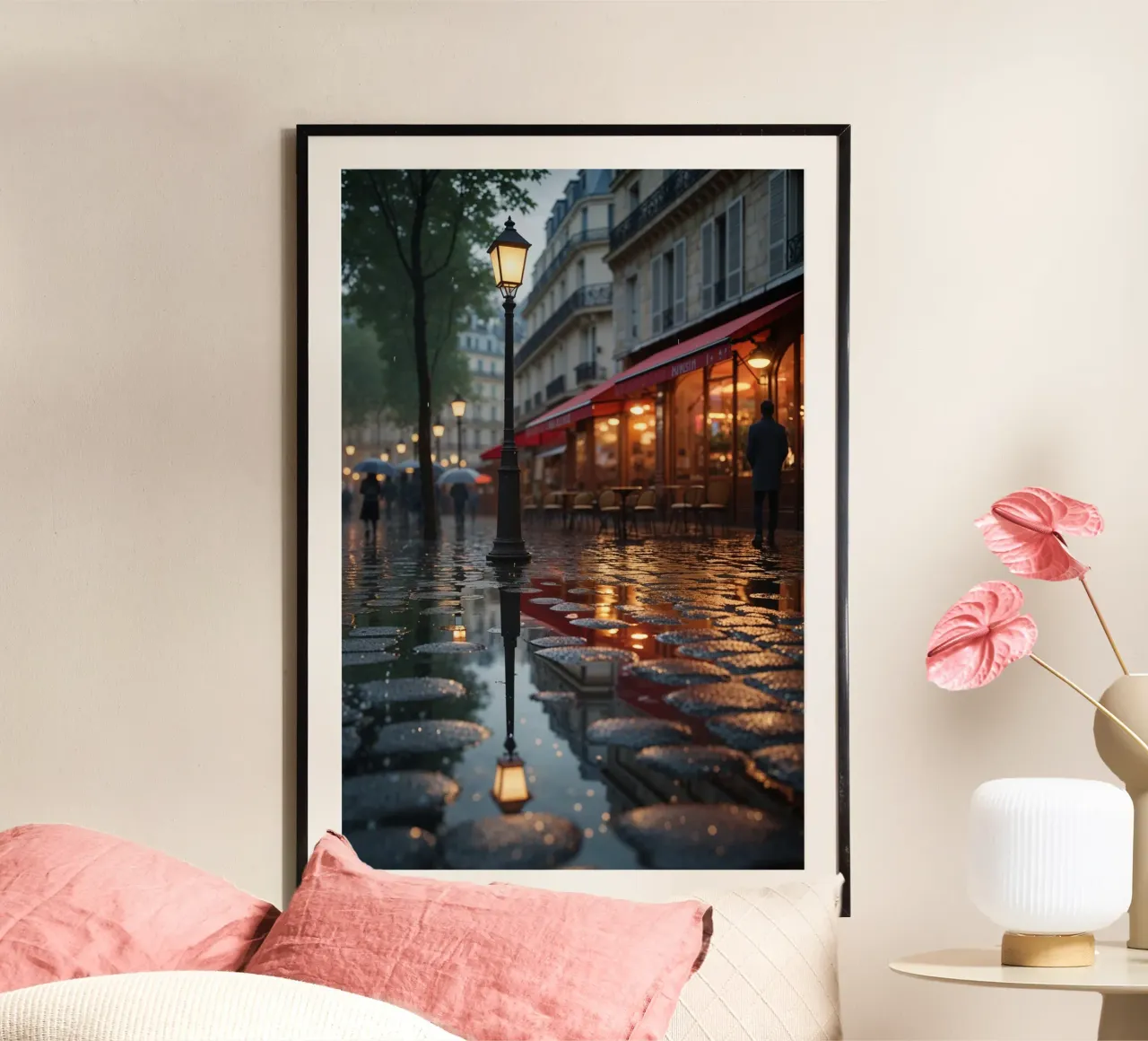Rainy Parisian Street with Lantern Reflections carta hahnemühle da AlbertKlee