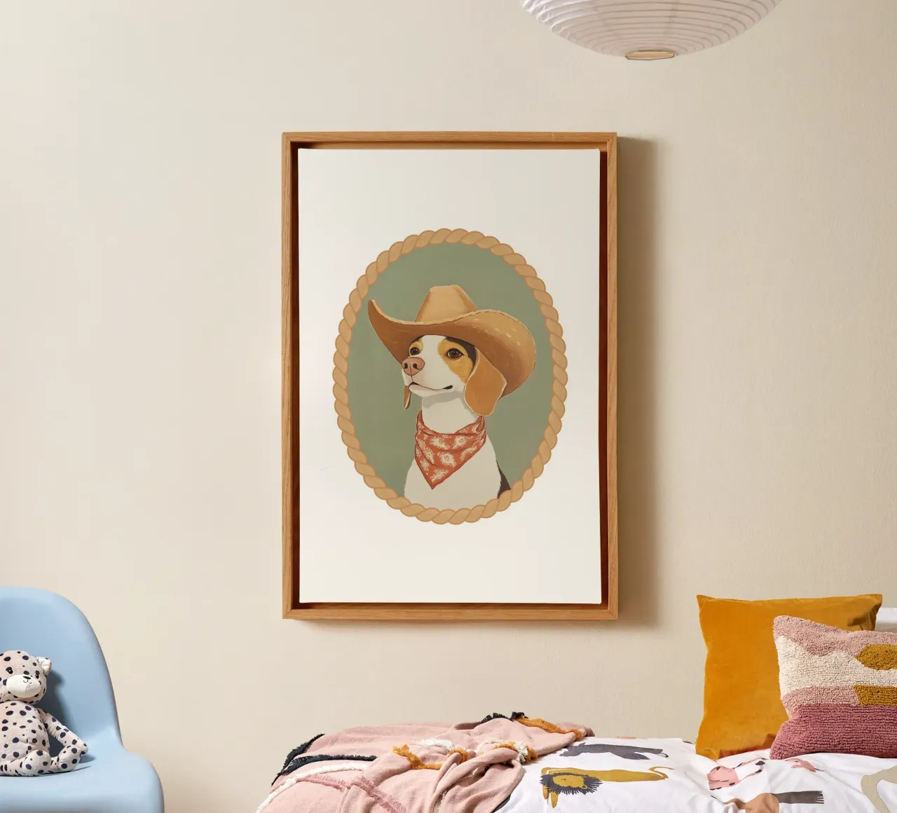 Beagle Hond in Cowboyhoed canvas met Baklijst van Jungle Joy Art