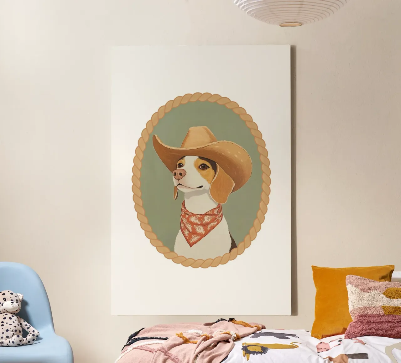 Beagle Hond in Cowboyhoed canvas met Baklijst van Jungle Joy Art
