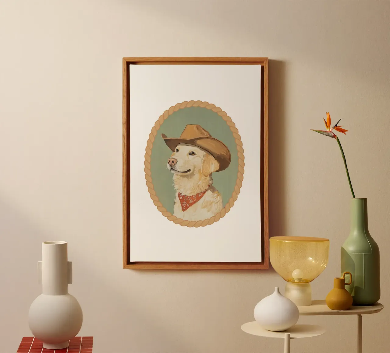 Golden Retriever Hond in Cowboyhoed canvas met Baklijst van Jungle Joy Art