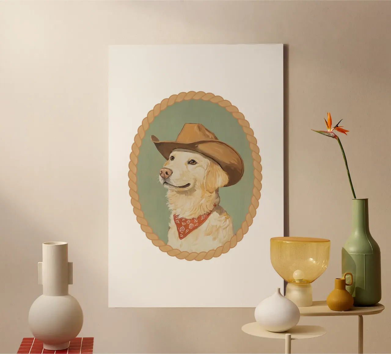 Golden Retriever Hond in Cowboyhoed canvas met Baklijst van Jungle Joy Art