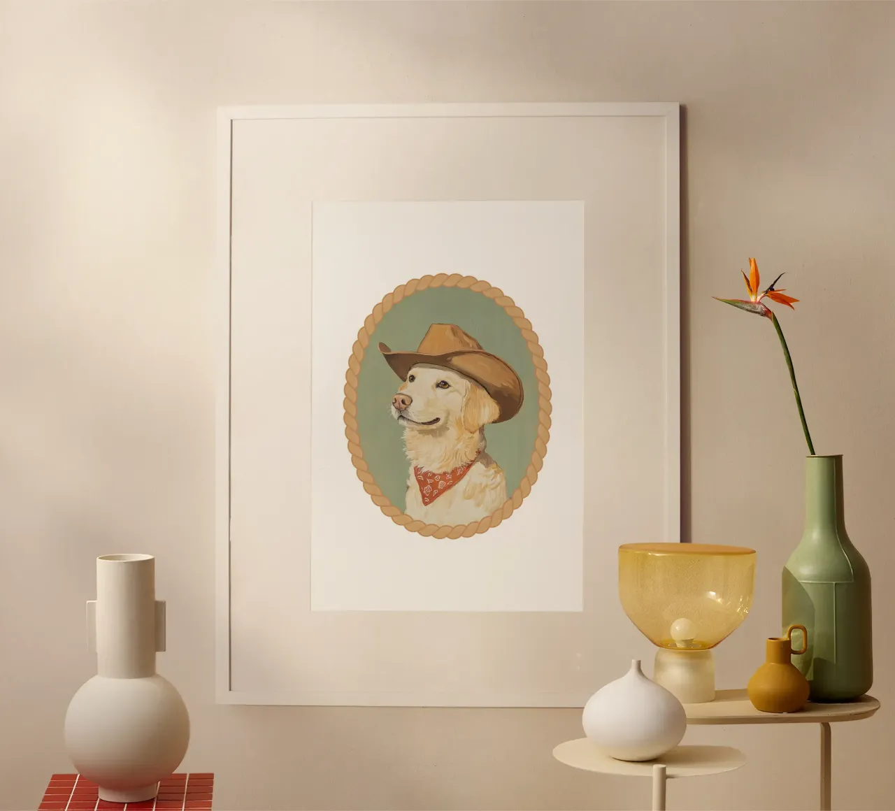 Cane Golden Retriever con cappello da cowboy poster con telaio in alluminio da Jungle Joy Art