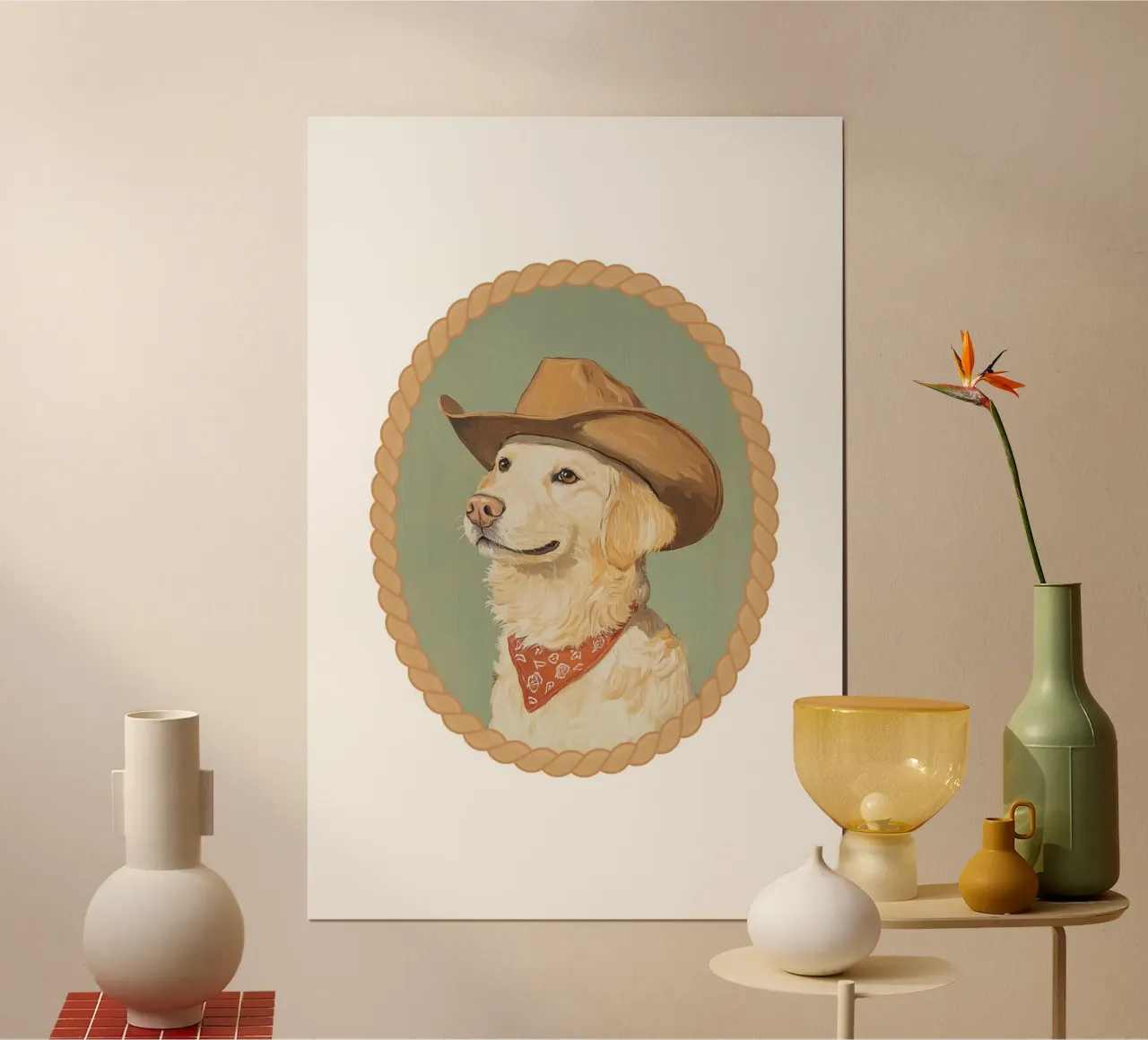 Cane Golden Retriever con cappello da cowboy poster con telaio in alluminio da Jungle Joy Art