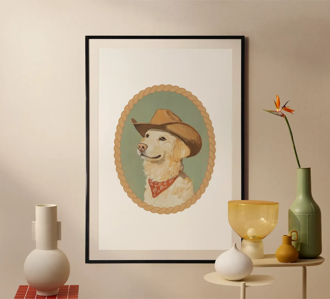 Cane Golden Retriever con cappello da cowboy poster con telaio in alluminio da Jungle Joy Art