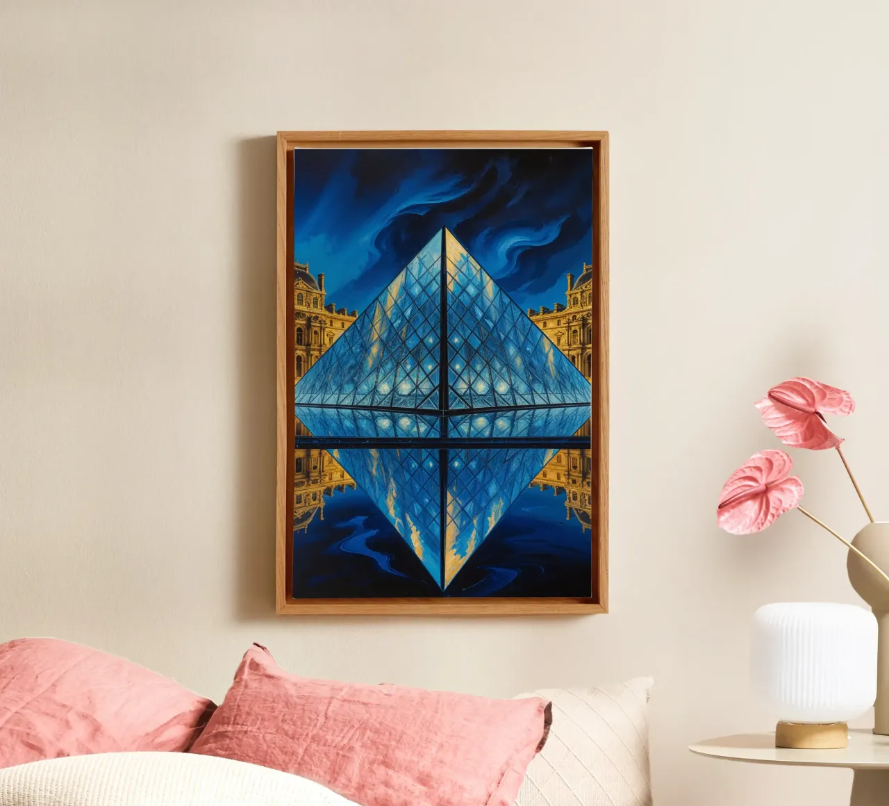 Ethereal Louvre Pyramid in Vibrant Nightscape tela con Cornice a cassetta da AlbertKlee