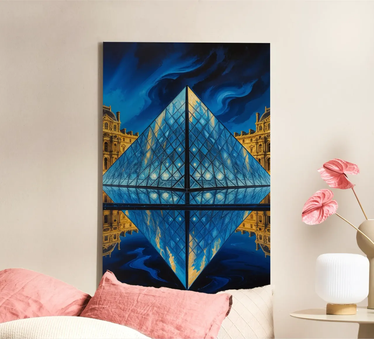 Ethereal Louvre Pyramid in Vibrant Nightscape tela con Cornice a cassetta da AlbertKlee