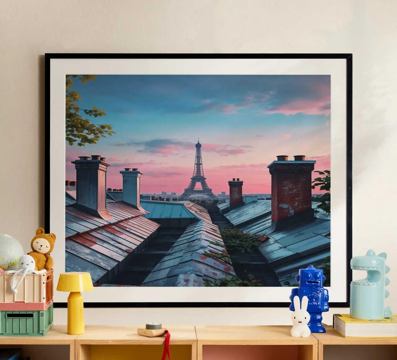 Rooftop Views of the Eiffel Tower at Sunset poster con marco de plástico de AlbertKlee