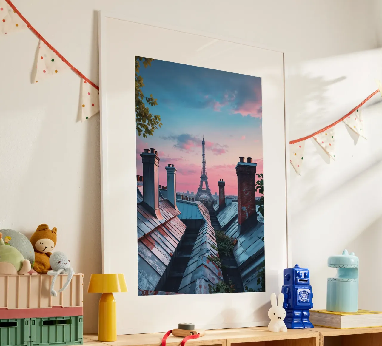 Rooftop Views of the Eiffel Tower at Sunset Poster mit Kunststoffrahmen von AlbertKlee