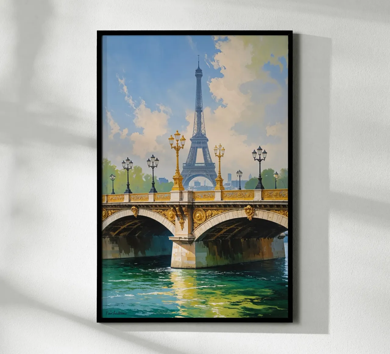 Golden Bridge Over the Seine with Eiffel Tower carta hahnemühle da AlbertKlee