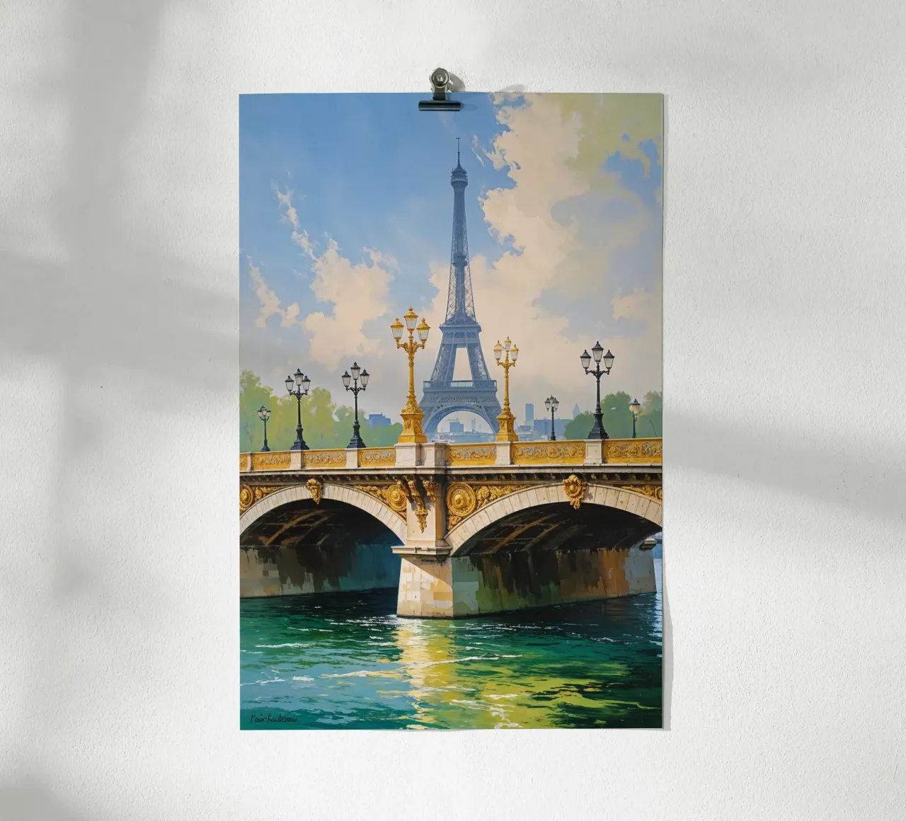 Golden Bridge Over the Seine with Eiffel Tower carta hahnemühle da AlbertKlee