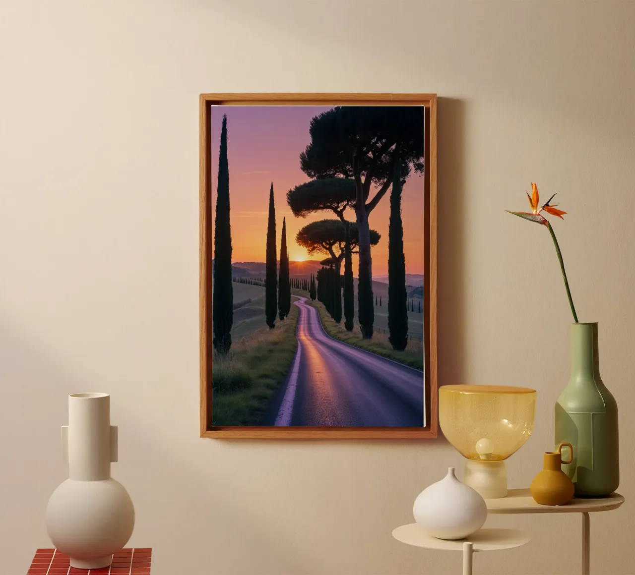Tuscany Road at Sunset with Cypress Trees tela con Cornice a cassetta da AlbertKlee