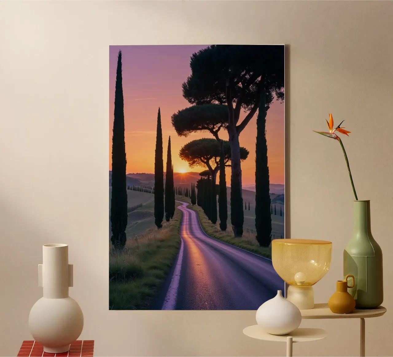 Tuscany Road at Sunset with Cypress Trees tela con Cornice a cassetta da AlbertKlee