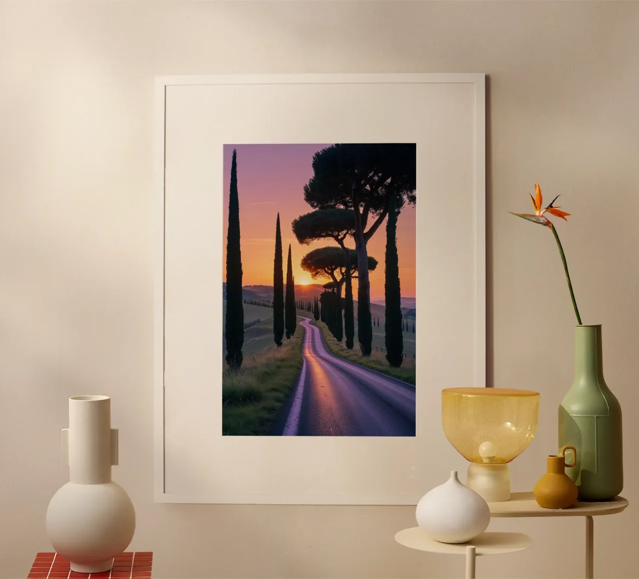 Tuscany Road at Sunset with Cypress Trees poster met aluminium frame van AlbertKlee
