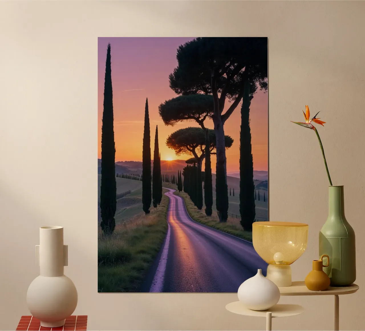 Tuscany Road at Sunset with Cypress Trees poster met aluminium frame van AlbertKlee