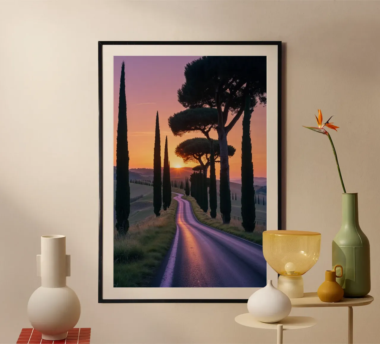 Tuscany Road at Sunset with Cypress Trees poster met aluminium frame van AlbertKlee