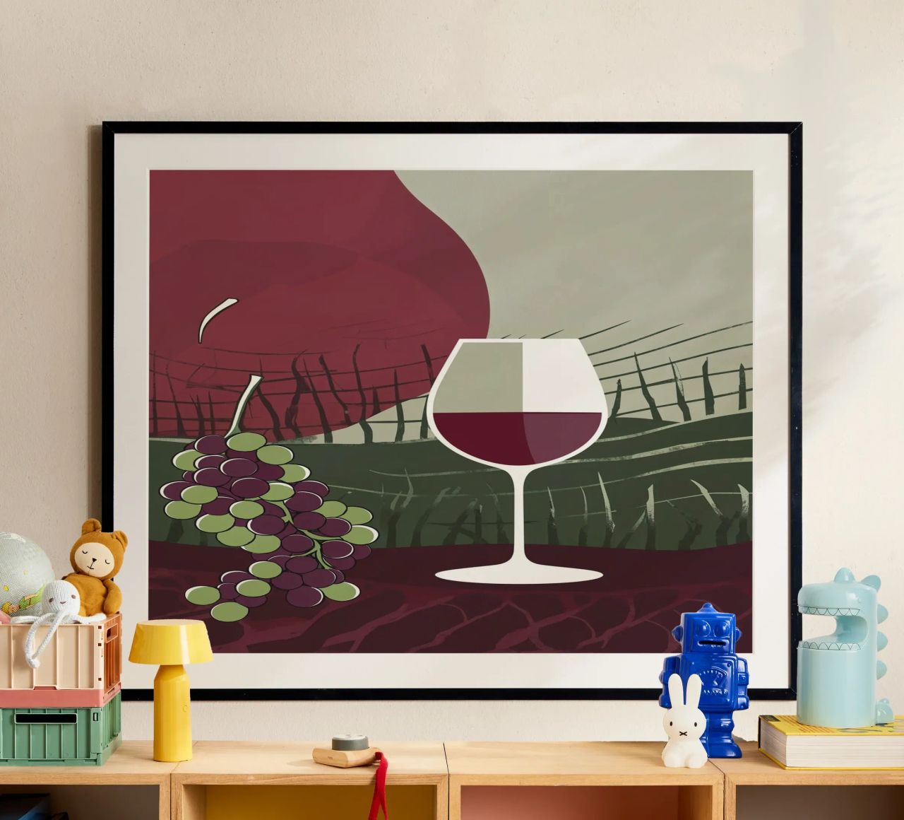 Minimalist Wine Glass with Vineyard Charm poster by AlbertKlee