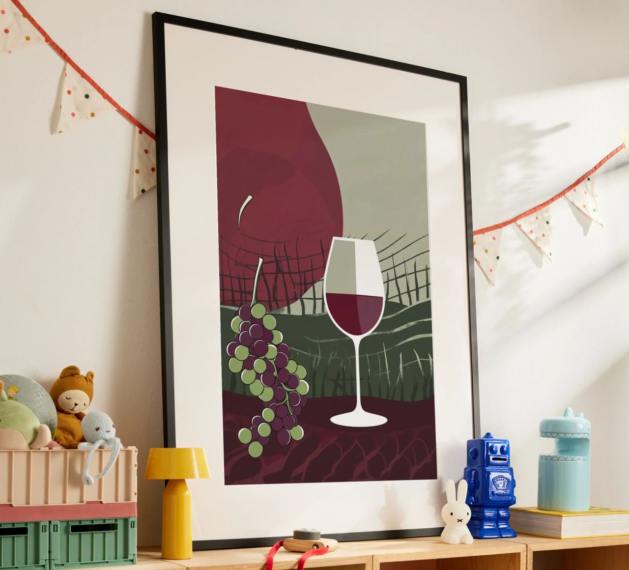 Minimalist Wine Glass with Vineyard Charm poster by AlbertKlee