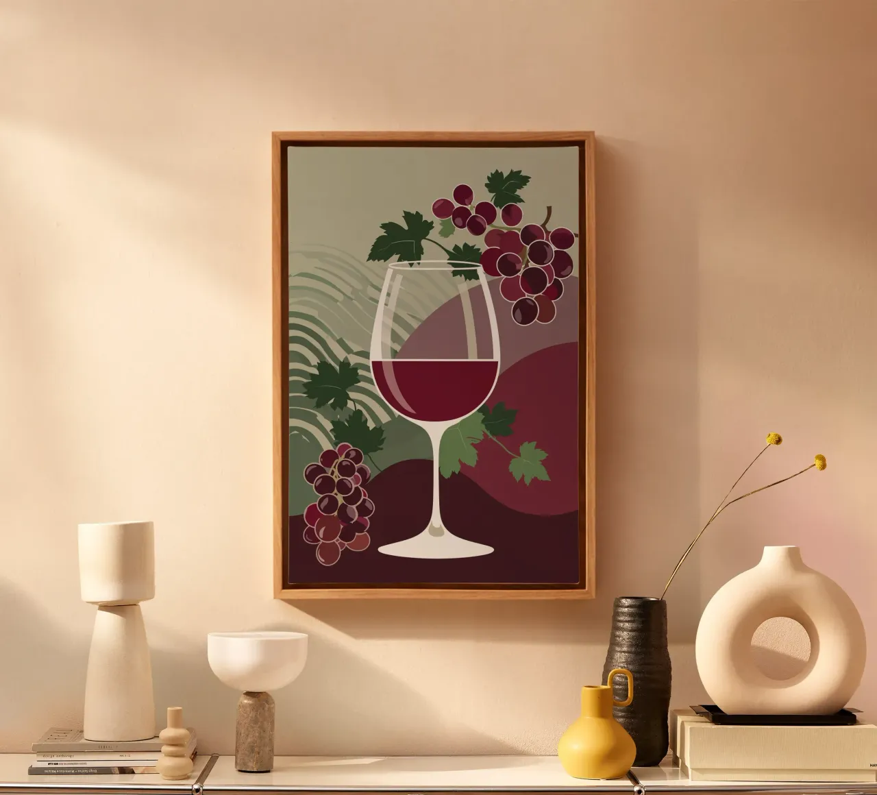 Grapes and Wine Glass in Minimalist Design canvas van AlbertKlee