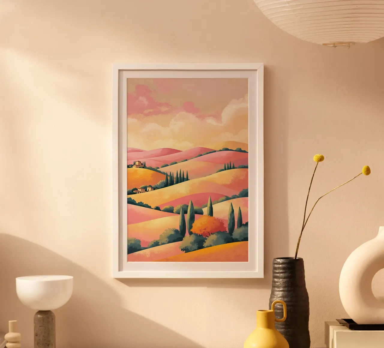 Pastel Sunset Over Tuscany poster with plastic frame by AlbertKlee