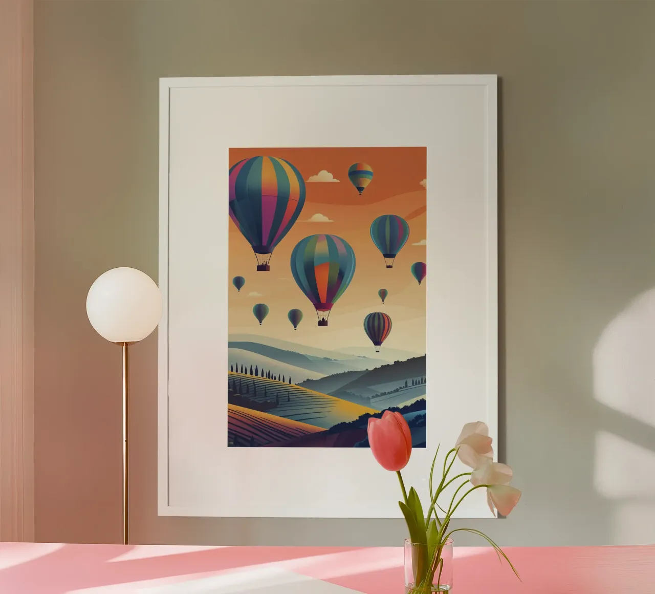 Hot Air Balloons Over Rolling Hills poster with plastic frame by AlbertKlee