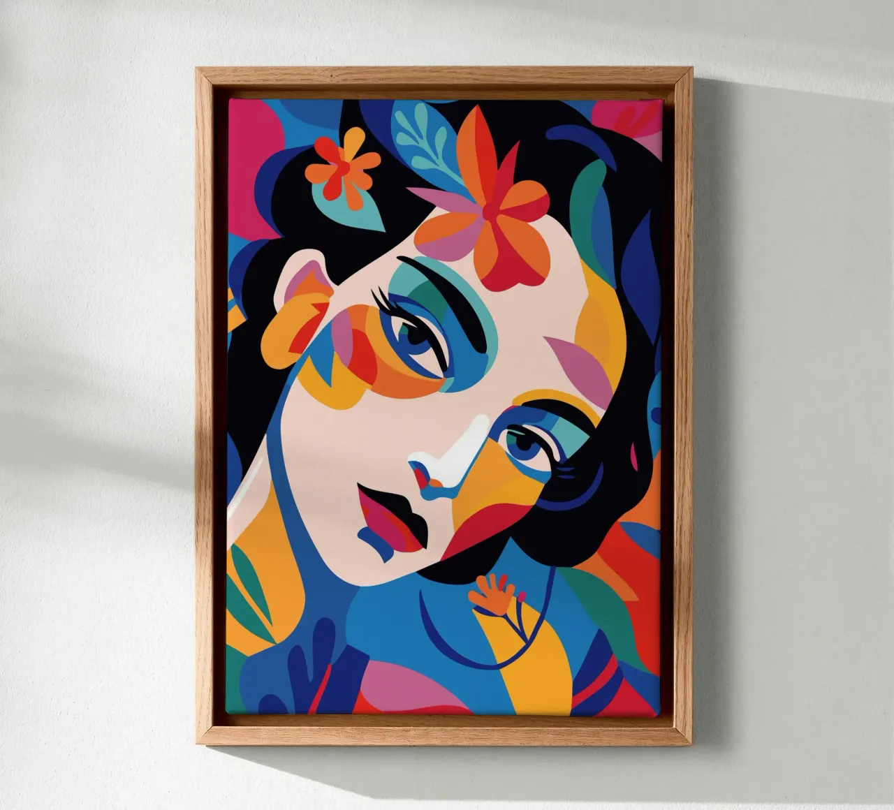 Woman's face colorful and flowers canvas met Baklijst van LisaArtes