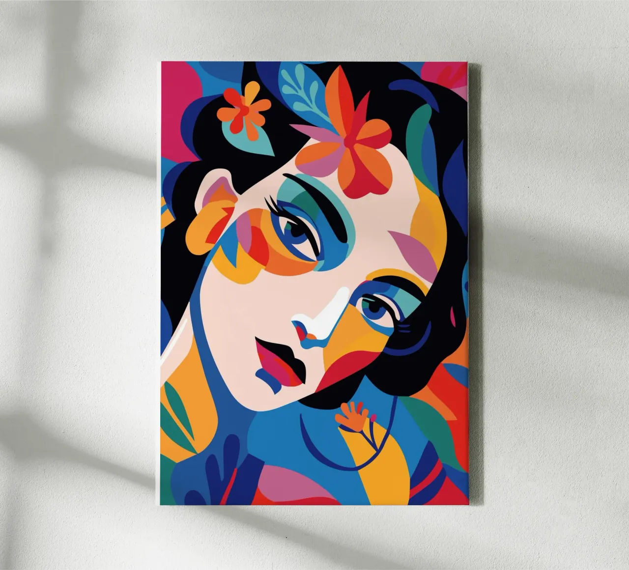 Woman's face colorful and flowers canvas met Baklijst van LisaArtes