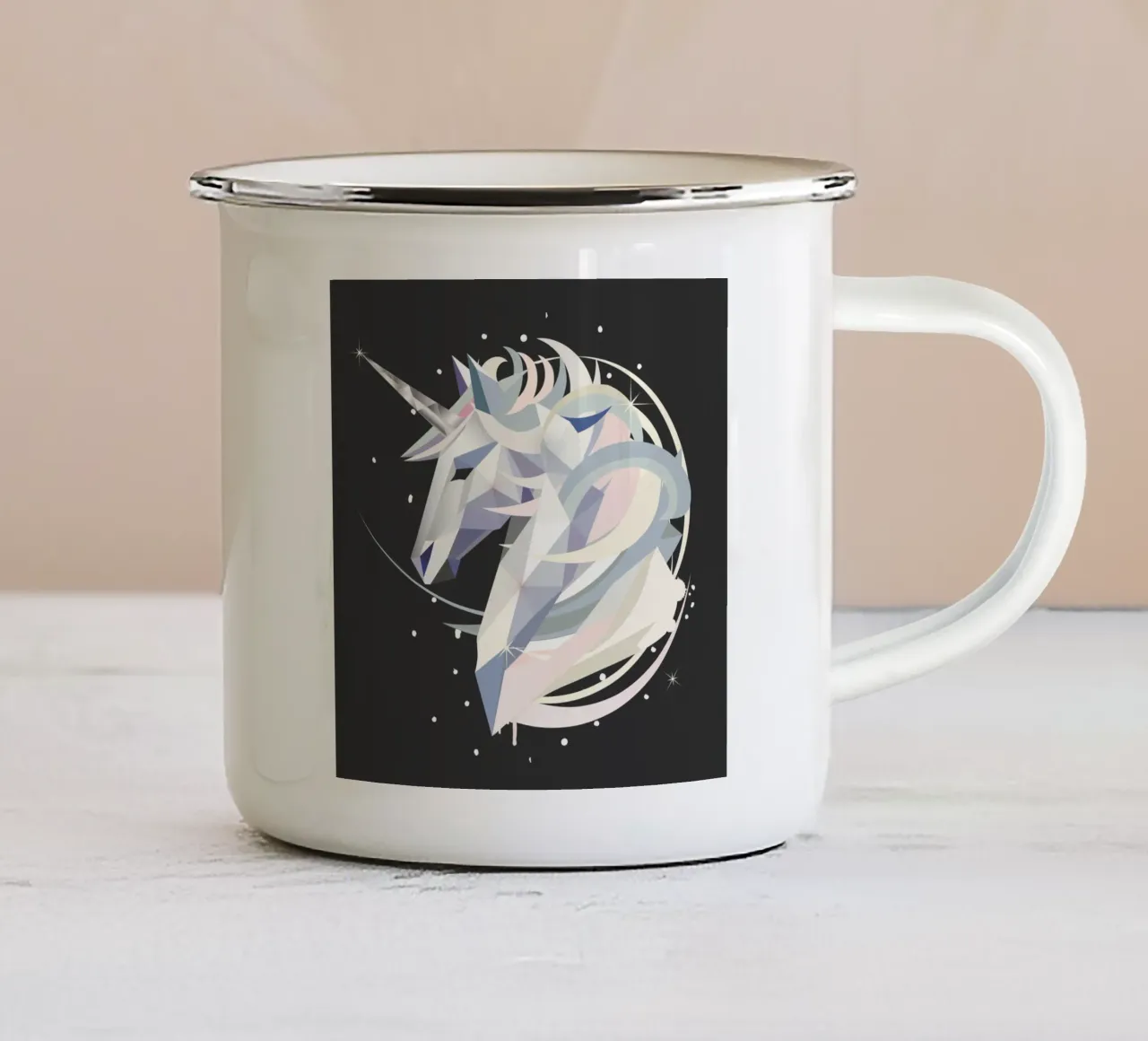 Magico unicorno geometrico nel cielo notturno tazza in smalto da namosh