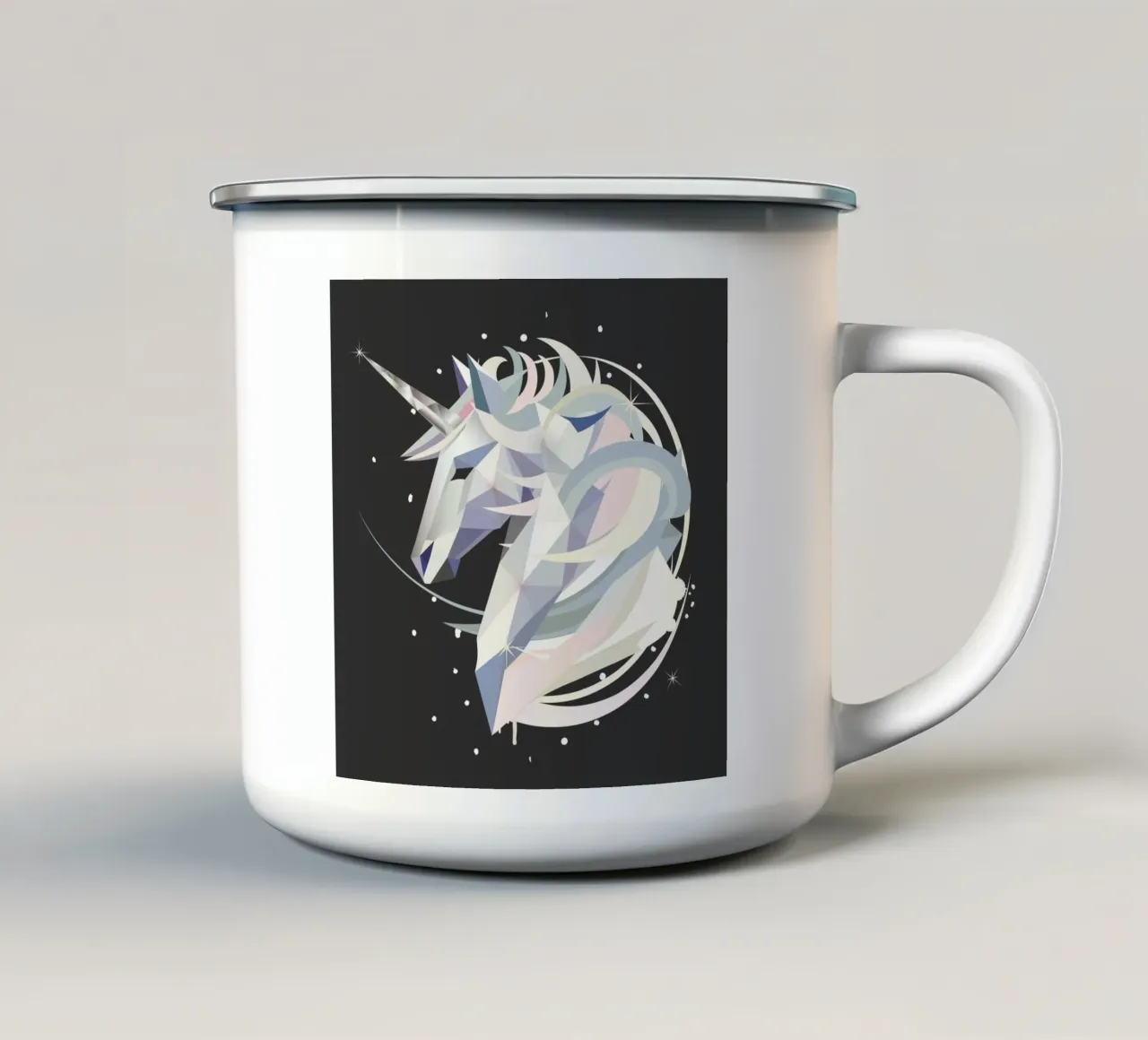 Magico unicorno geometrico nel cielo notturno tazza in smalto da namosh