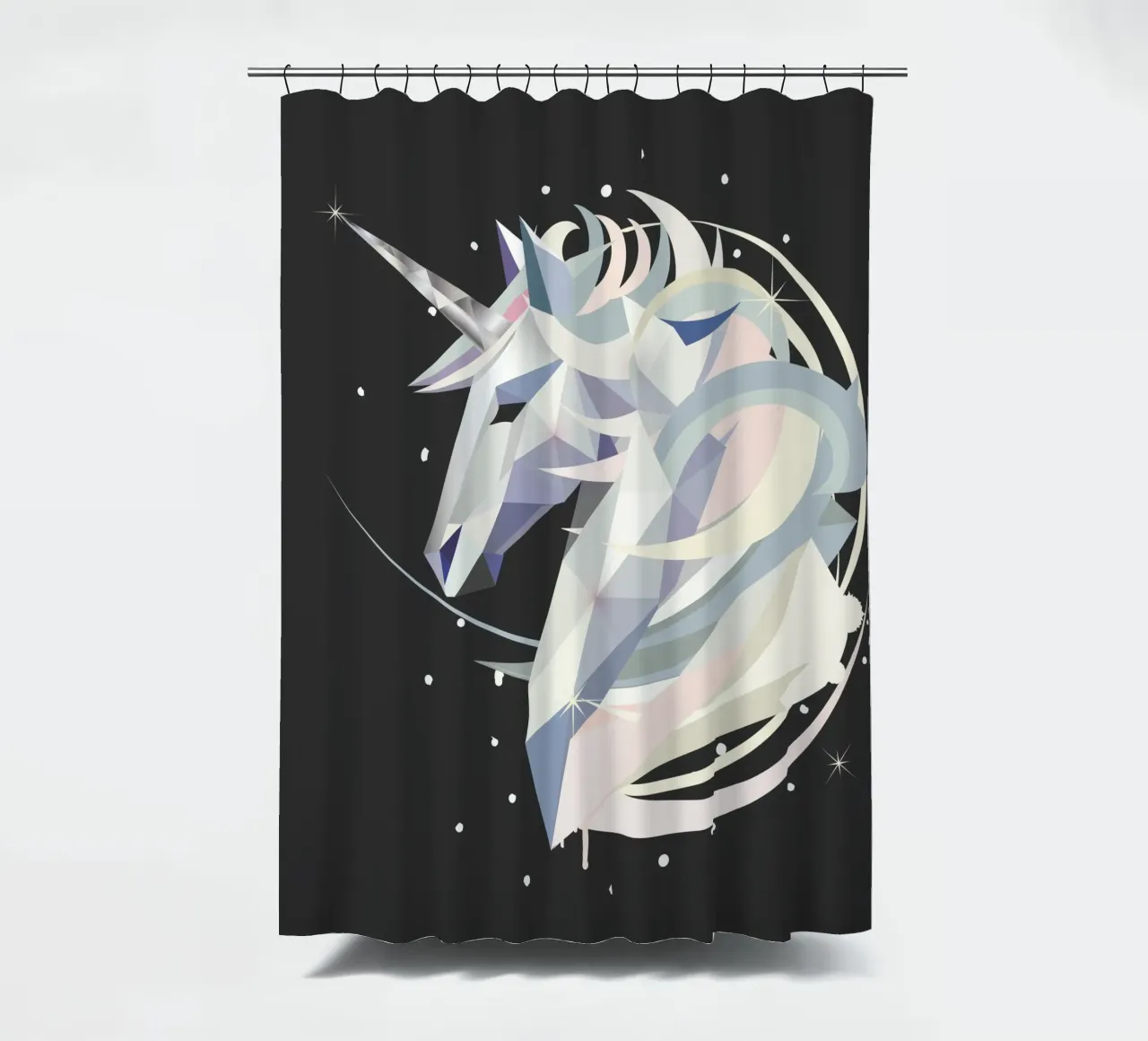 Magical geometric unicorn in the night sky shower curtain by namosh