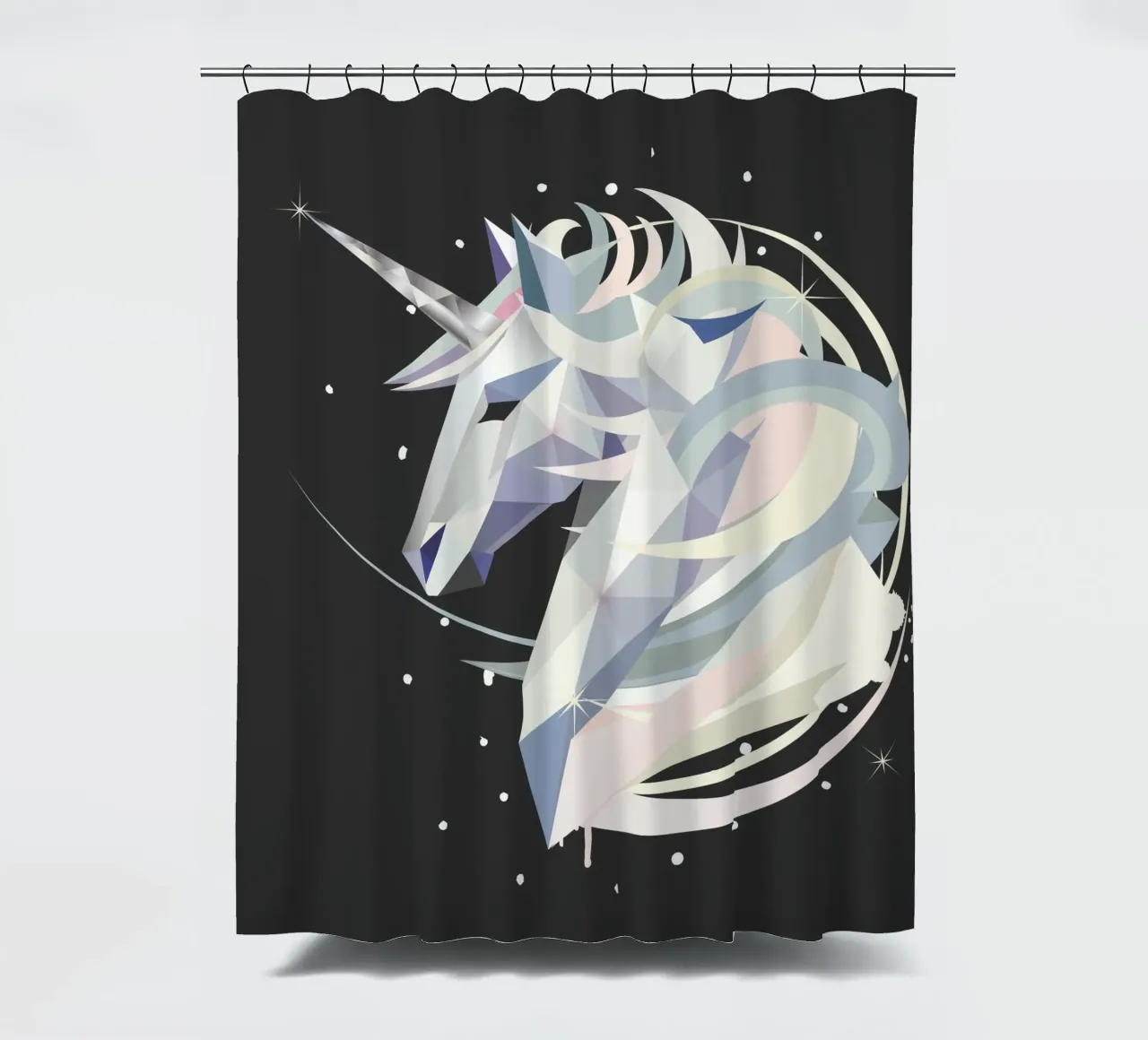 Magical geometric unicorn in the night sky shower curtain by namosh